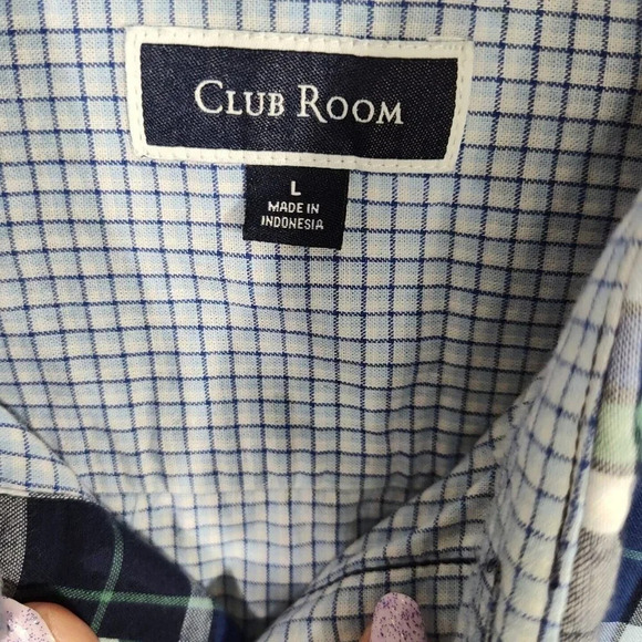 Club Room Plaid Check Blue Green Button Down Shirt Men Size L Lined Long Sleeve - Picture 7 of 10